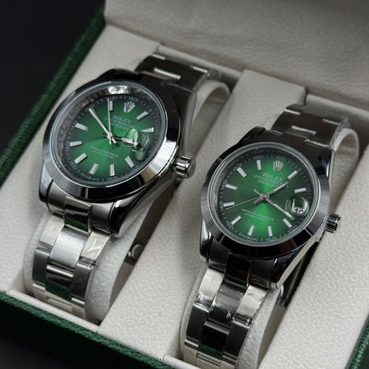 Pareja Rlx Datejust Liso Plateado Tablero Verdeo