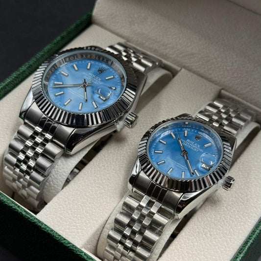 Pareja Rlx Datejust Plateado Tablero Azul Claro