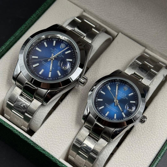 Pareja Rlx Datejust Liso  Plateado Tablero Azul