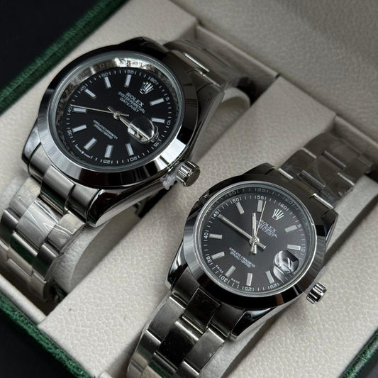 Pareja Rlx Datejust Liso Plateado Tablero Negro