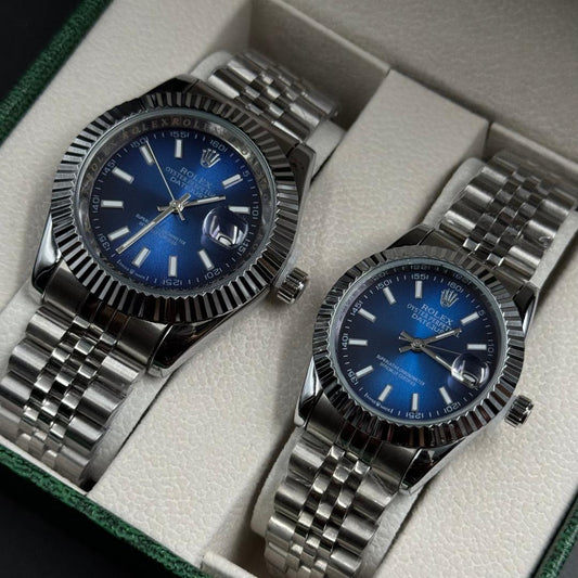 Pareja Rlx Datejust Plateado Tablero Azul